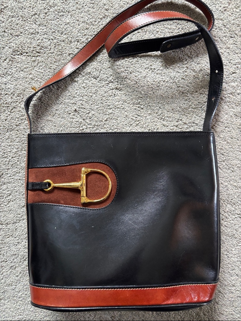 Vintage Black and Brown Italian Leather Shoulder Bag with Gold Accent